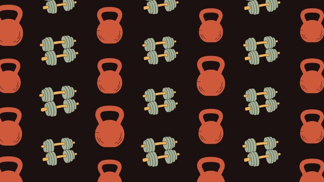 Heavy Weightlifting Barbell and Kettlebell Seamless Pattern Background, bodybuilding concept.