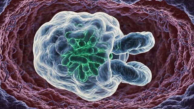 Immune Cell Action. Phagocyte Consuming Bacteria Within Blood Vessels. Animated Visualization Of Macrophage Engulfing And Destroying Bacteria Inside Arteries For Educational Purposes