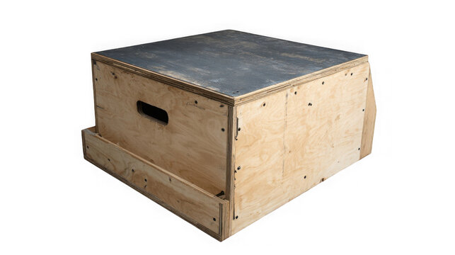 A wooden plyometric box with a metal top for exercise
