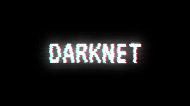Darknet glitch 8-bit pixel text animation with RGB distortion cyber security on black background 
