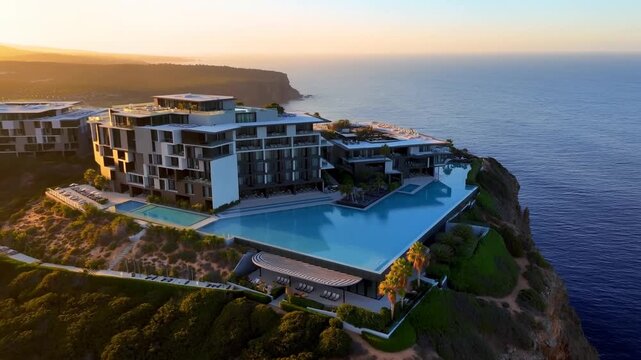 Aerial tracking slow motion shot of cliffside resort with infinity pool overlooking ocean at sunset
