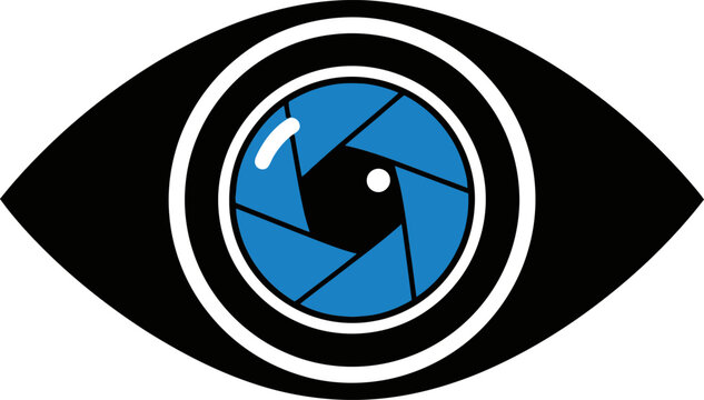 Abstract eye design with a camera shutter aperture in blue, symbolizing vision, photography, and observation, perfect for creative studios and visual arts