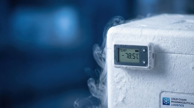 Close up of a cold chain pharmaceutical styrofoam cooler box with a digital thermometer and freezing vapor on a dark blue background with copy space