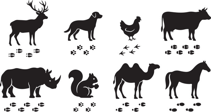 Collection of diverse animal silhouettes with footprints: deer, dog, chicken, cow, rhino, squirrel, camel, horse vector illustration