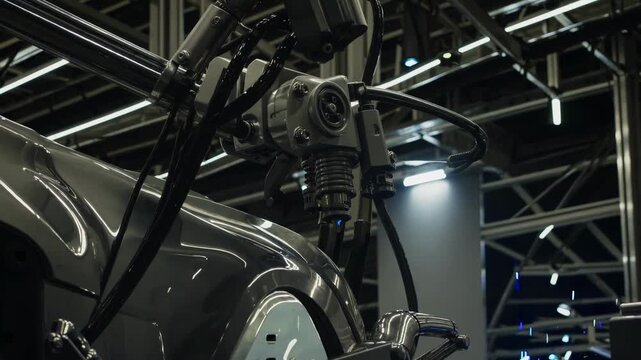 Robots Weld Vehicles. Automated Welding Process On Car Assembly Line Illuminated Vividly. Futuristic Factory Scene With Robotic Arm Executing Detailed Welding Under Vibrant Blue Lighting