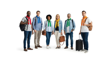 Obraz premium A diverse group of travelers standing together with luggage and backpacks on a plain white background