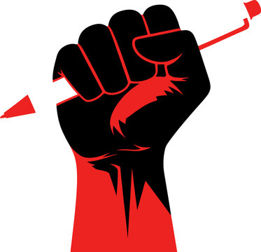 Dynamic emblem of a clenched fist wielding a pencil, symbolizing the potent fusion of artistic prowess, assertive communication, and the power of creative protest