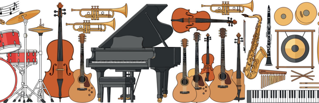 Large Collection of Musical Instruments with Piano, Guitar, Violin, Drums, Trumpet, Saxophone, and More for Music Designs