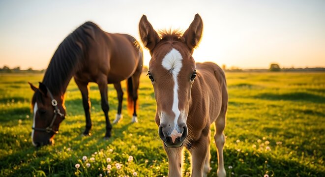 Horses Grazing in a Sunny Field - A Peaceful Countryside Scene.