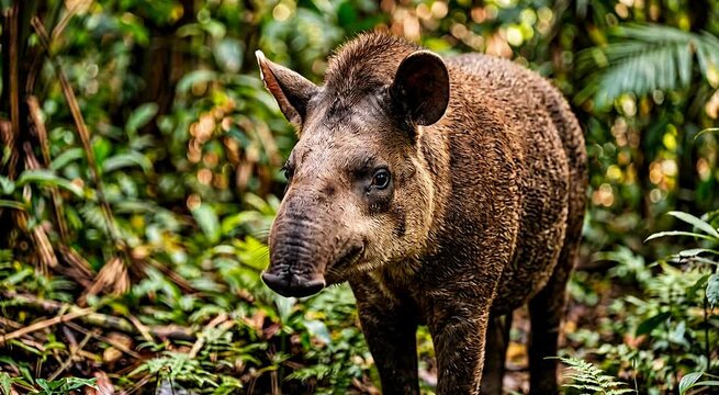 South American Tapir standing in lush tropical jungle forest