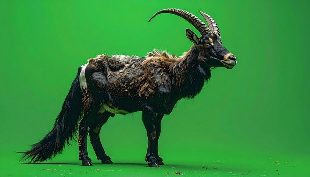 Majestic Ibex with Impressive Horns Standing Against a Green Backdrop.