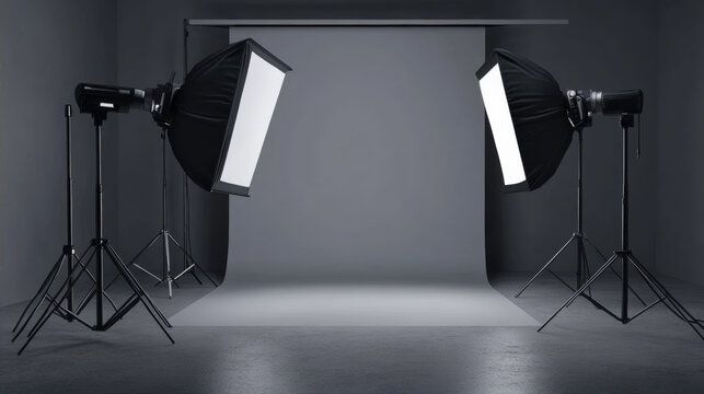 Professional photography studio interior with grey background and softbox lighting equipment