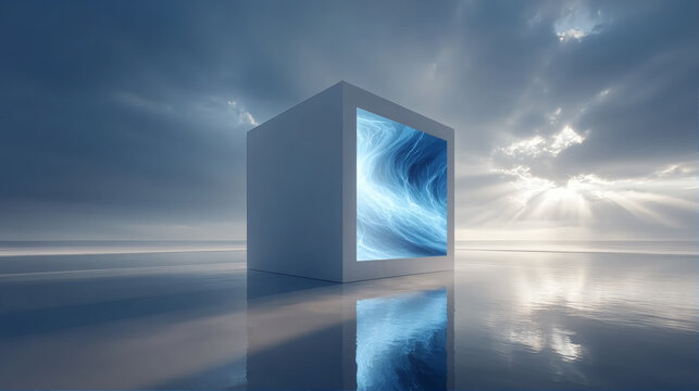 A mysterious glowing energy cube floating on the calm sea surface under a dramatic sky