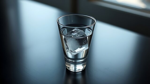 A single cone-shaped glass with clear liquid and a melting ice cube on a dark surface.