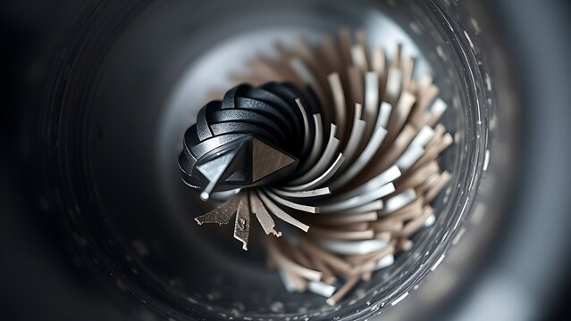 Sharp reamer tool creating a spiral of metal shavings from a tube.
