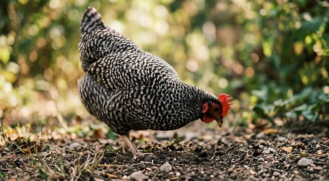 Plymouth Rock Chicken Pecking at Ground in Sunny Backyard