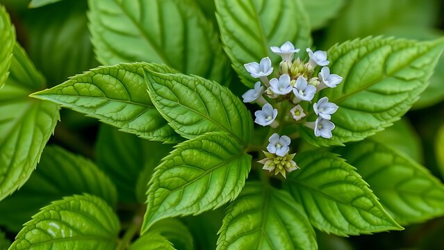 Close-up of a patchouli plant with green leaves and pale purple flowers.