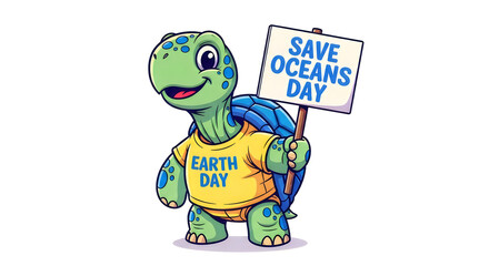 Obraz premium Cute cartoon turtle wearing yellow shirt holding save oceans day sign for earth day isolated on white background