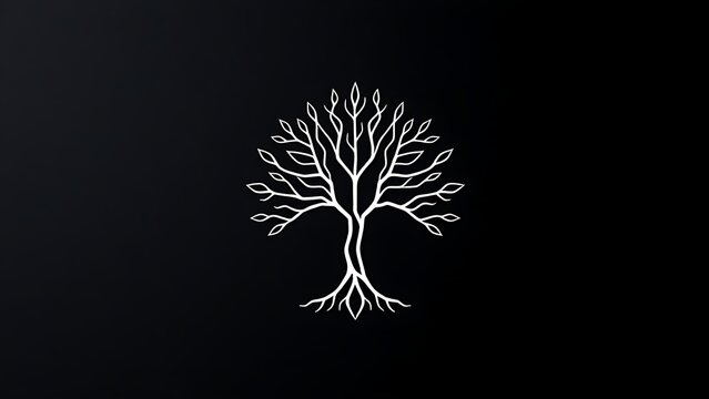 Minimalist geometric Tree of Life symbol in white lines on dark background.