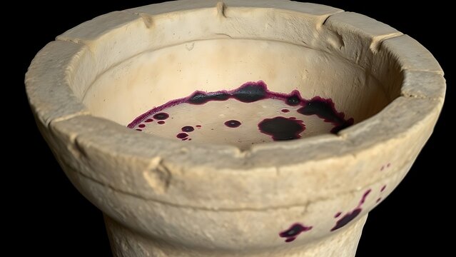 An ancient stone winepress basin with deep purple grape residue stains.