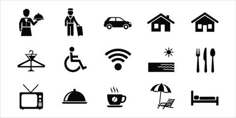 Fototapeta premium Collection of black silhouette icons representing travel services and amenities