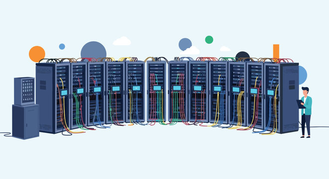 Large data center server room with multiple racks of equipment and a technician monitoring the system performance.