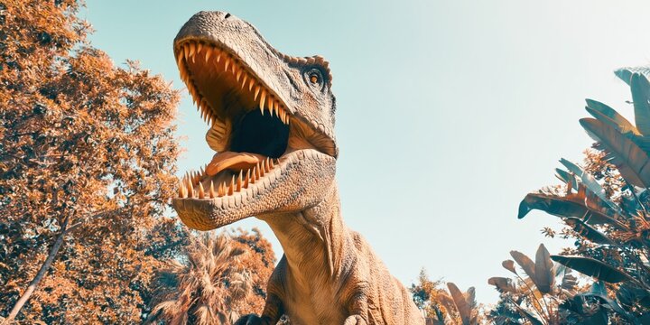 Tyrannosaurus rex dinosaur model park sculpture lifelike giant predator with open jaw and sharp teeth among tropical trees under clear sky