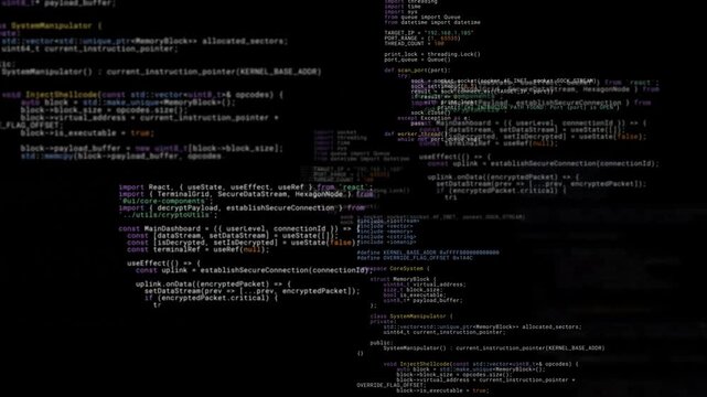 Seamless loop of programming code flying towards viewer. Vertical programming space tunnel for cyberspace and tech developer concept. AI vibe coding overlay.