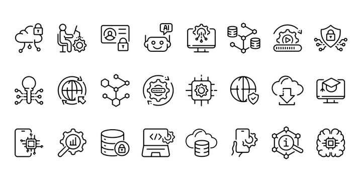 Modern information technology line icon set. Cybersecurity, artificial intelligence, big data and cloud computing vector icons with editable stroke.