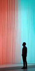 Obraz premium African male adult standing in profile before tall curtain of hanging threads split into coral and teal illumination in a modern exhibition