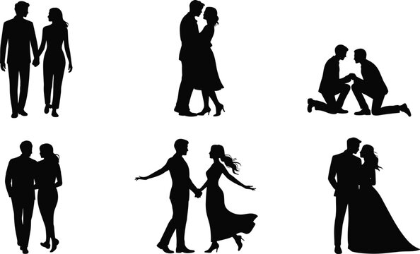 Couple silhouettes walking, embracing, proposing, dancing, wedding scene, romantic love relationship vector illustration for stock content SEO optimization purposes