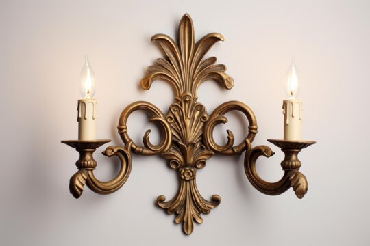 Antique gold wall sconce with two electric candle bulbs providing warm light