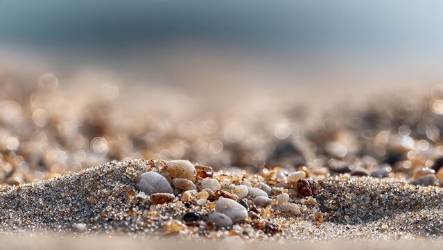 Macro beach sand grains with tiny pebbles and shallow depth of field. Coastal texture background for natural and abstract design use