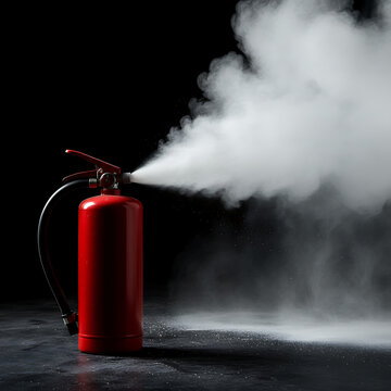 Red fire extinguisher discharges white smoke in dark. Safety device disperses agent against danger. Emergency equipment ready for fire. Urgency and protection concept. Fire Safety / Emergency Response