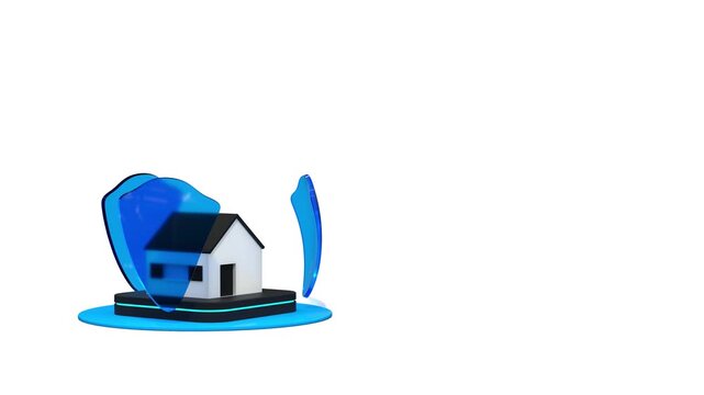 A house protected by three rotating shields, an insurance or anti-theft security concept