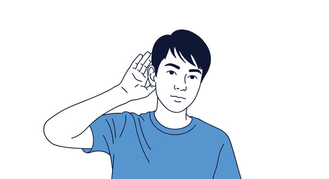 Young man cupping his hand to his ear trying to listen carefully or overhear a secret, isolated on a white background in a simple clean style.