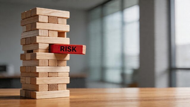 Business concept wooden building blocks tower game in office risk management strategy financial planning investment challenge corporate decision making unstable economy situation