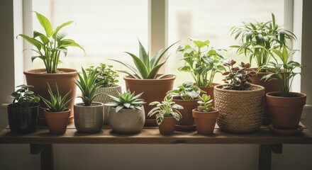 Fototapeta premium Collection of various potted plants arranged on a windowsill indoor gardening.