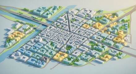 Fototapeta premium Detailed architectural model of a city with buildings roads and a river.