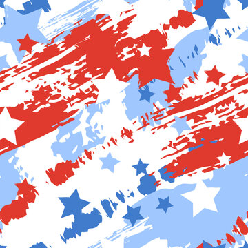 Seamless vector pattern with stars brush strokes in US flag colors. Abstract patriotic grunge background for July 4th