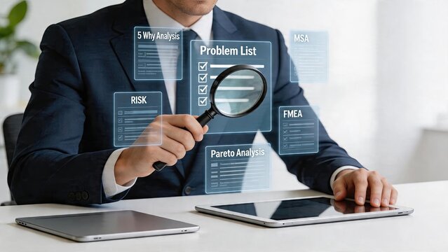 Businessman holding magnifying glass examining holographic interface with quality control data Problem List RISK Pareto Analysis MSA FMEA icons floating risk management strategic