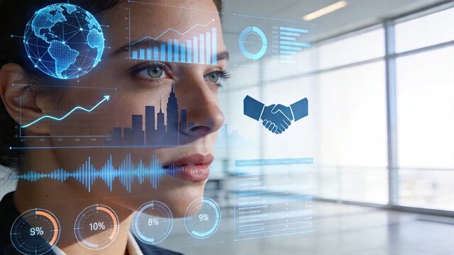 Businesswoman with holographic interface showing global data charts graphs city skyline handshake bar diagrams pie charts world map network analytics technology in office