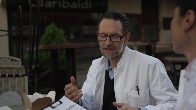 Two doctors discussing patient case during lunch break