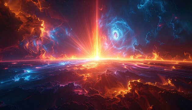 A radiant light source emanating pulsating energy across a vibrant cosmic nebula with swirling celestial clouds, representing the immense power of a distant exploding supernova in space.