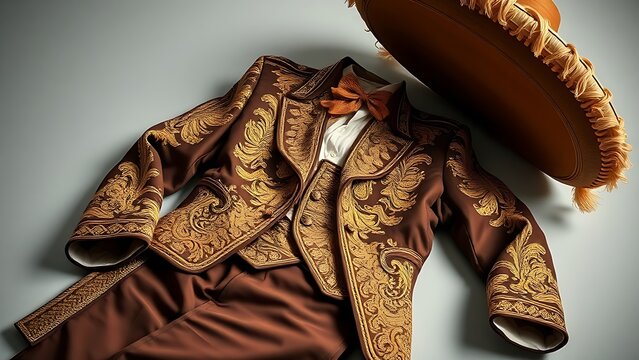 A lavish Charro suit with gold embroidery, jacket, trousers, and sombrero.