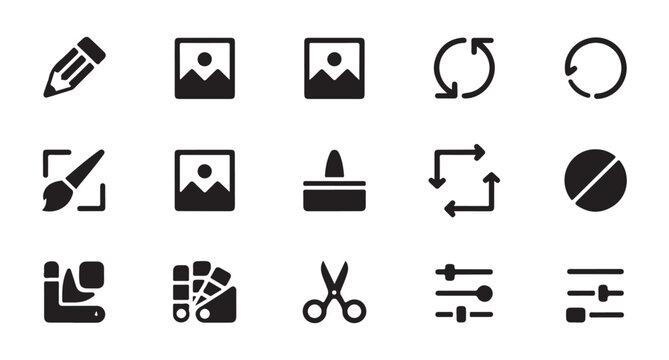 Graphic editor toolbar icons including cropping rotating color palette scissors and brush elements.