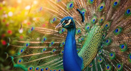 Obraz premium Majestic Peacock Displaying its Vibrant Plumage in a Lush Garden.