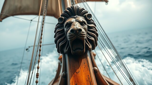 A majestic lion figurehead adorns the prow of a sailing ship, weathered wood against ocean waves.