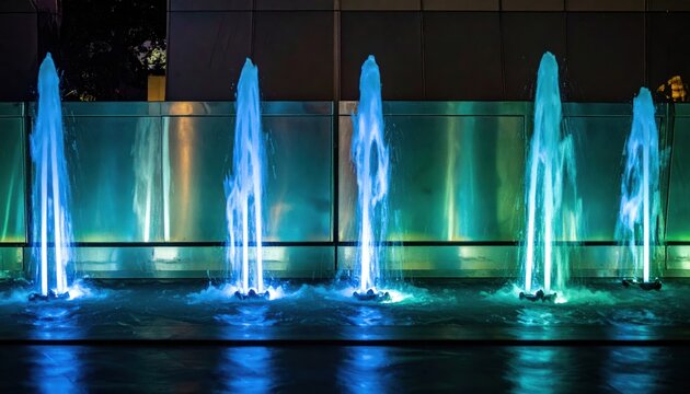 Synchronized blue illuminated water fountains create an abstract representation of quantum entanglement and physical correlation against a modern architectural background at night.