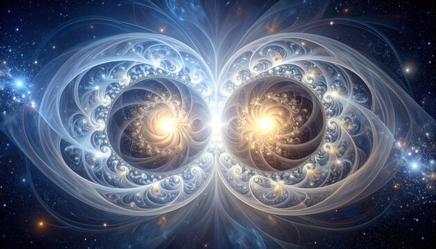 Quantum entanglement depicted through two perfectly mirrored and glowing fractal patterns floating in a deep space environment, representing the complexity of subatomic connections.